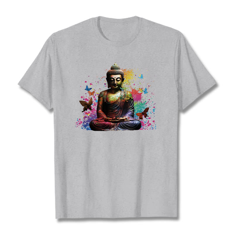Buddha Stones Kolorowy Motyl Latający Medytacja Budda Koszulka T-shirt - Jasnoszary - 2XL - image 19