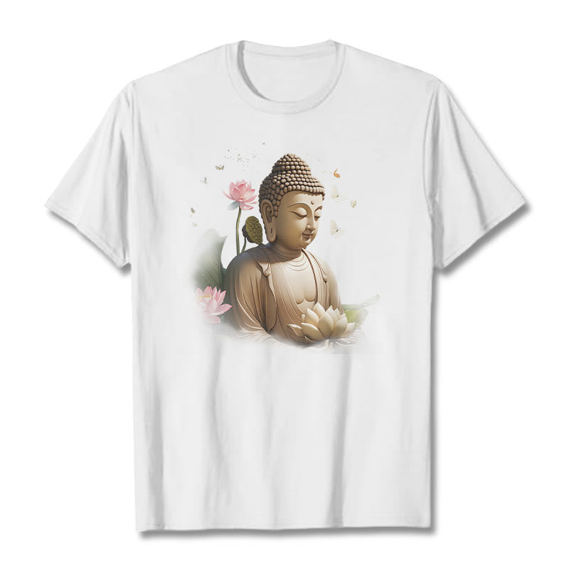 Buddha Stones Lotos Motyl Medytacja Budda Koszulka T-shirt - Biały - 2XL - image 1