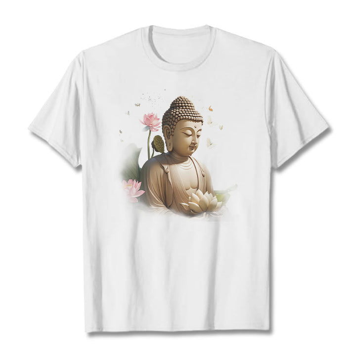 Buddha Stones Lotos Motyl Medytacja Budda Koszulka T-shirt - Biały - 2XL - image 0