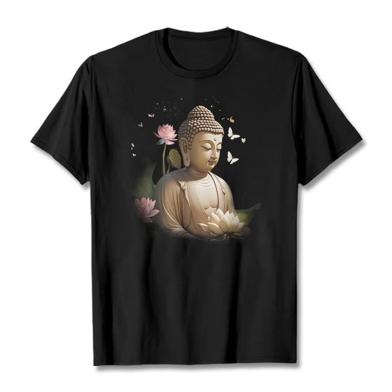 Buddha Stones Lotos Motyl Medytacja Budda Koszulka T-shirt - Czarny - 2XL - image 4