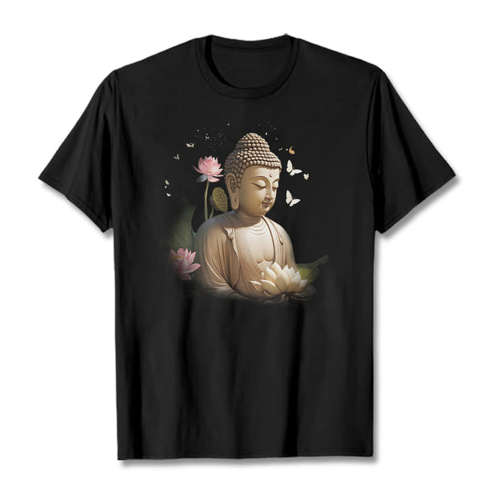 Buddha Stones Lotos Motyl Medytacja Budda Koszulka T-shirt - Czarny - 2XL - image 4