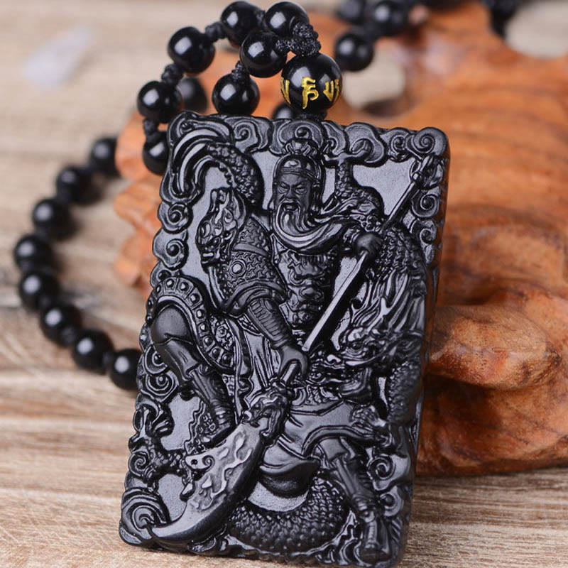 Buddha Stones Czarny Obsydian Guan Gong Amulet Grawerowany Naszyjnik Siła Wisiorek