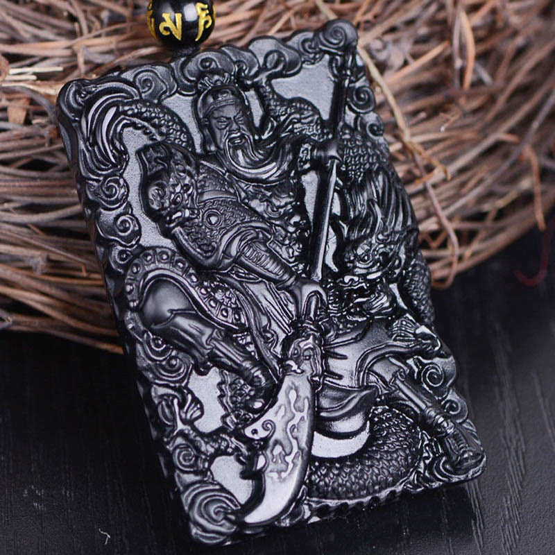 Buddha Stones Czarny Obsydian Guan Gong Amulet Grawerowany Naszyjnik Siła Wisiorek