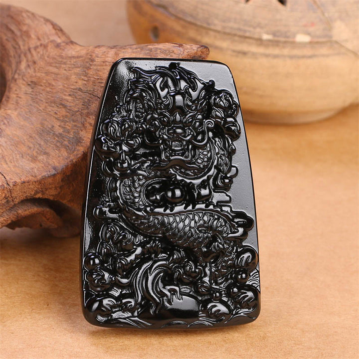Buddha Stones Czarny Obsydian Smok Rzeźbiony Szczęście Ochrona Naszyjnik Wisiorek - image 12