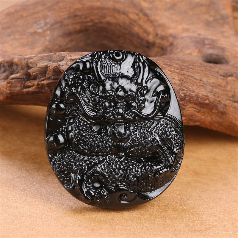 Buddha Stones Naturalny Czarny Obsydian Okrągły Smok Rzeźbiony Naszyjnik Ochronny Wisiorek - image 2