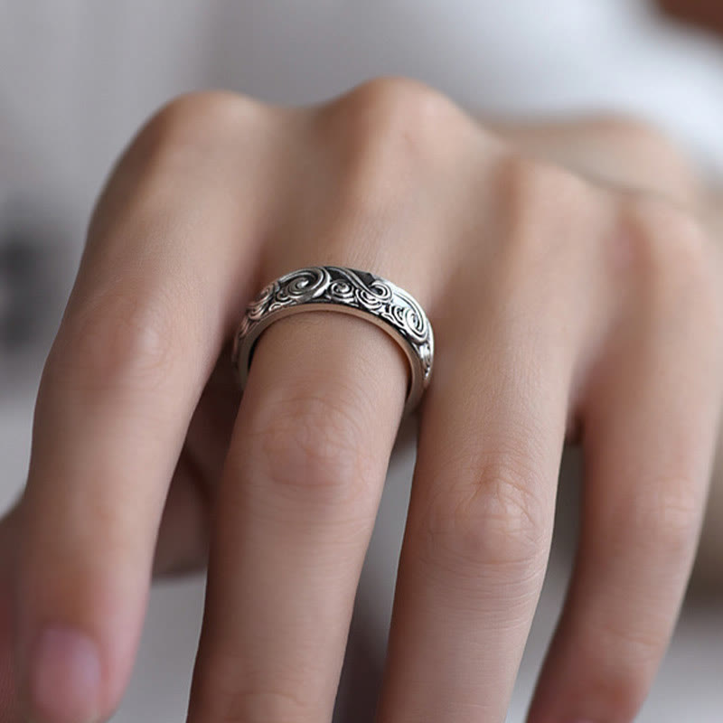 Buddha Stones 999 Srebro Sterlingowe Pomyślne Chmury Grawerowane Błogosławieństwo Regulowany Pierścień - image 10