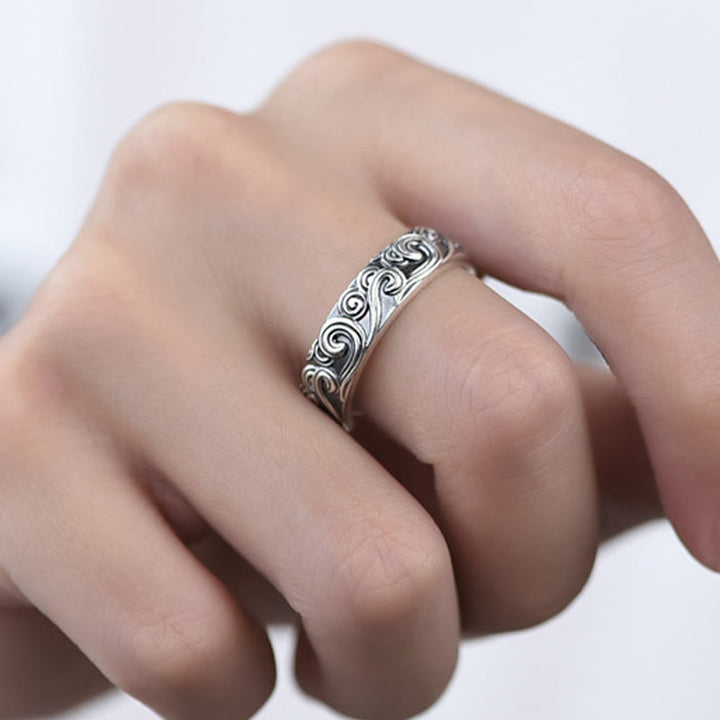 Buddha Stones 999 Srebro Sterlingowe Pomyślne Chmury Grawerowane Błogosławieństwo Regulowany Pierścień - image 8