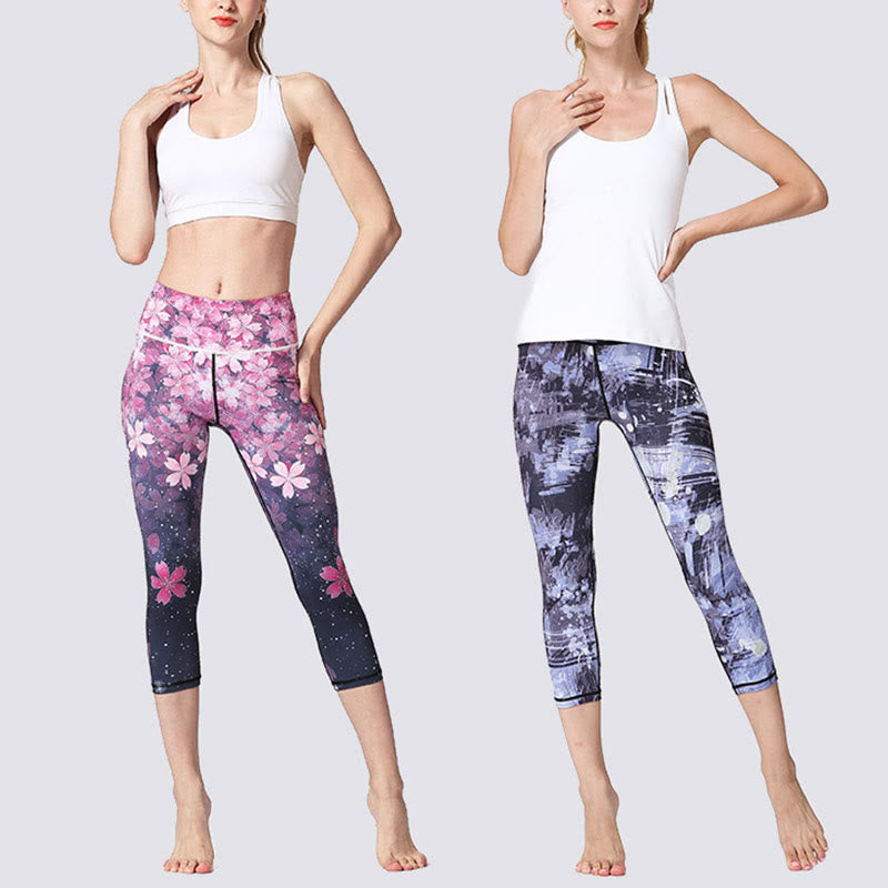 Buddha Stones Wiśni Sakura Lines Print Sportowe Joga Skrócone Legginsy Damskie Spodnie Capri Do Jogi