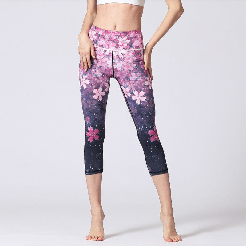 Buddha Stones Wiśni Sakura Lines Print Sportowe Joga Skrócone Legginsy Damskie Spodnie Capri Do Jogi