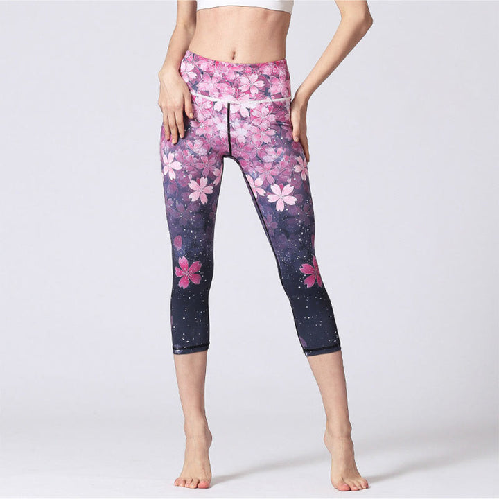 Buddha Stones Wiśni Sakura Lines Print Sportowe Joga Skrócone Legginsy Damskie Spodnie Capri Do Jogi