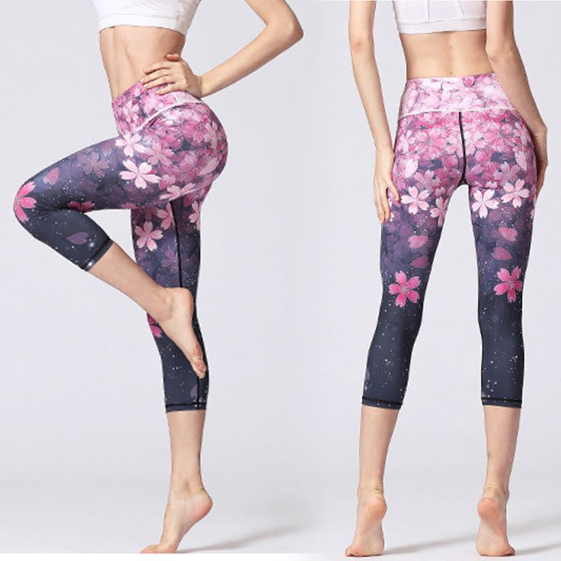 Buddha Stones Wiśni Sakura Lines Print Sportowe Joga Skrócone Legginsy Damskie Spodnie Capri Do Jogi