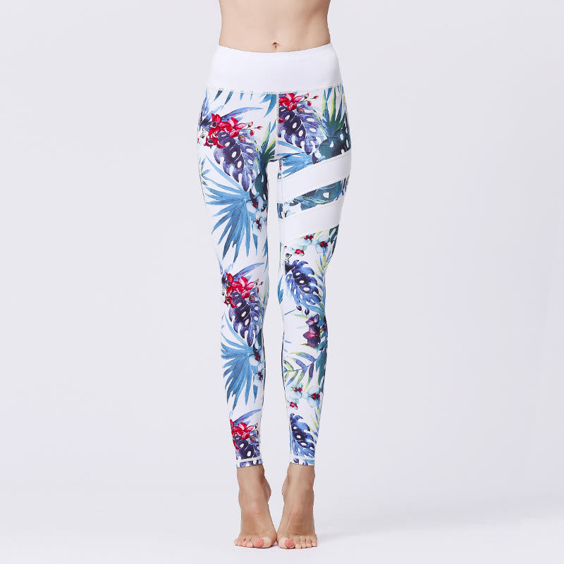 Kamienie Buddha Stones Kwiatów Liście Nadruk Sport Ćwiczenia Fitness Wysoki Stan Legginsy Damskie Spodnie Do Jogi - GhostWhite - US8-10, UK/AU12-14, EU40-42 (XL) - image 15