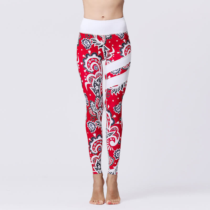 Kamienie Buddha Stones Kwiatów Liście Nadruk Sport Ćwiczenia Fitness Wysoki Stan Legginsy Damskie Spodnie Do Jogi - Czerwony - US8-10, UK/AU12-14, EU40-42 (XL) - image 35