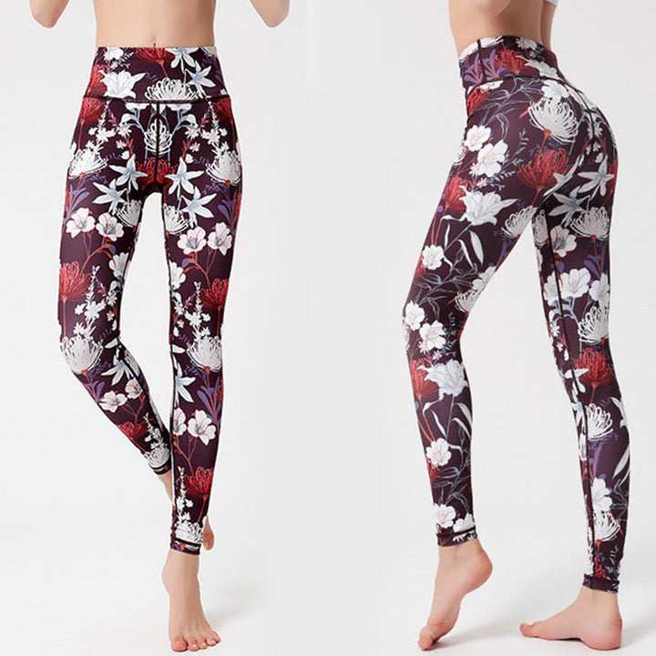 Buddha Stones Kolorowe Płatki Kwiatów Liście Nadruk Sport Ćwiczenia Fitness Wysoki Stan Legginsy Damskie Spodnie Do Jogi - Dębnik - US8-10, UK/AU12-14, EU40-42 (XL)  - image 0