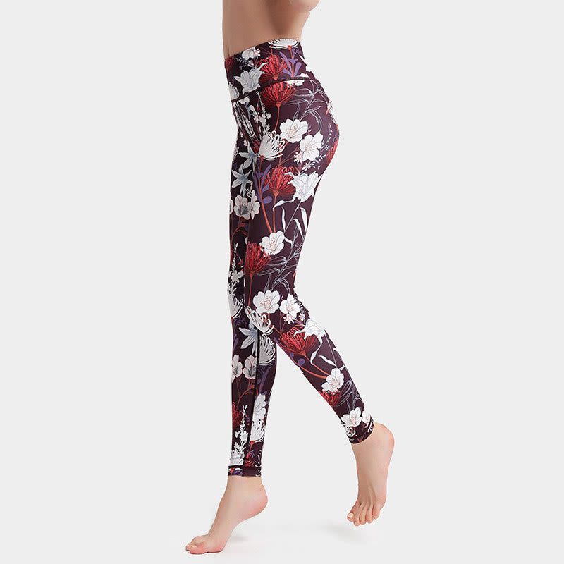 Buddha Stones Kolorowe Płatki Kwiatów Liście Nadruk Sport Ćwiczenia Fitness Wysoki Stan Legginsy Damskie Spodnie Do Jogi - image 1