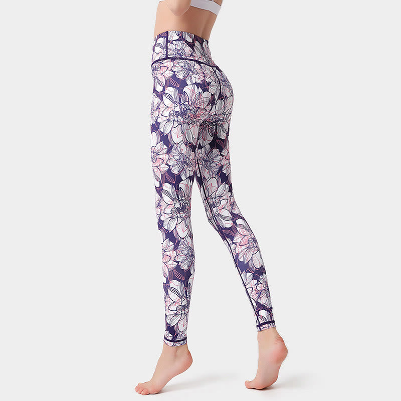 Buddha Stones Kolorowe Płatki Kwiatów Liście Nadruk Sport Ćwiczenia Fitness Wysoki Stan Legginsy Damskie Spodnie Do Jogi - Oset - US8-10, UK/AU12-14, EU40-42 (XL)  - image 4