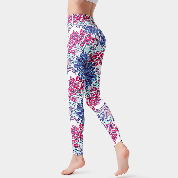 Buddha Stones Kolorowe Płatki Kwiatów Liście Nadruk Sport Ćwiczenia Fitness Wysoki Stan Legginsy Damskie Spodnie Do Jogi - Bladofioletowoczerwony - US8-10, UK/AU12-14, EU40-42 (XL)  - image 9