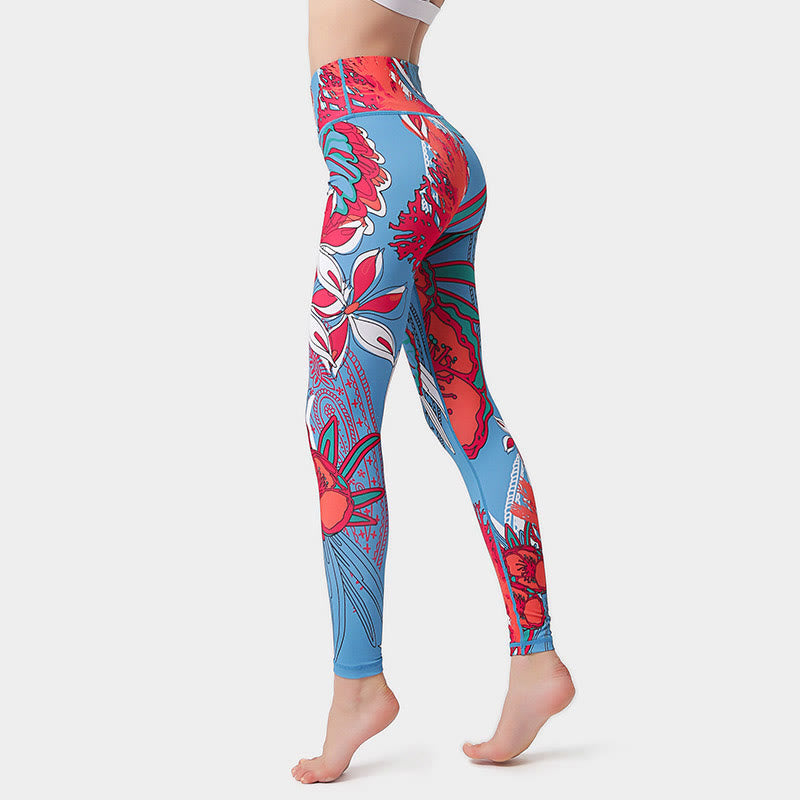 Buddha Stones Kolorowe Płatki Kwiatów Liście Nadruk Sport Ćwiczenia Fitness Wysoki Stan Legginsy Damskie Spodnie Do Jogi - Karmazynowy - US8-10, UK/AU12-14, EU40-42 (XL)  - image 13