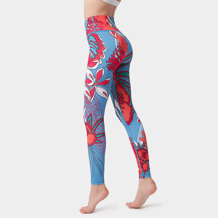Buddha Stones Kolorowe Płatki Kwiatów Liście Nadruk Sport Ćwiczenia Fitness Wysoki Stan Legginsy Damskie Spodnie Do Jogi - Karmazynowy - US8-10, UK/AU12-14, EU40-42 (XL)  - image 13