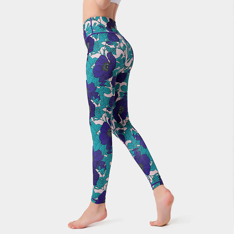 Buddha Stones Kolorowe Płatki Kwiatów Liście Nadruk Sport Ćwiczenia Fitness Wysoki Stan Legginsy Damskie Spodnie Do Jogi - PaleTurquoise - US8-10, UK/AU12-14, EU40-42 (XL)  - image 24