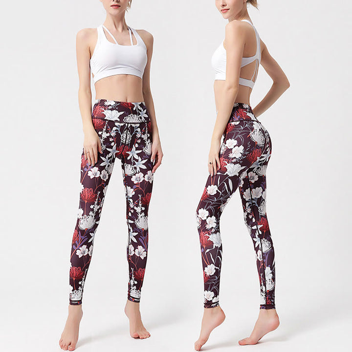 Buddha Stones Kolorowe Płatki Kwiatów Liście Nadruk Sport Ćwiczenia Fitness Wysoki Stan Legginsy Damskie Spodnie Do Jogi - image 2