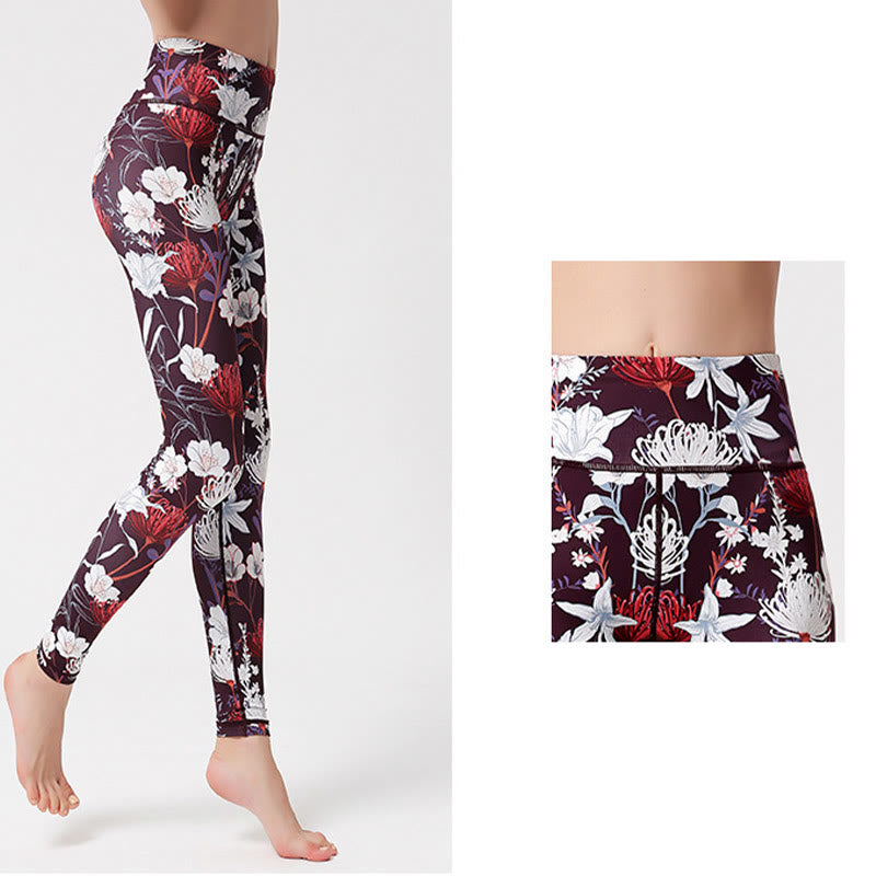 Buddha Stones Kolorowe Płatki Kwiatów Liście Nadruk Sport Ćwiczenia Fitness Wysoki Stan Legginsy Damskie Spodnie Do Jogi - image 3