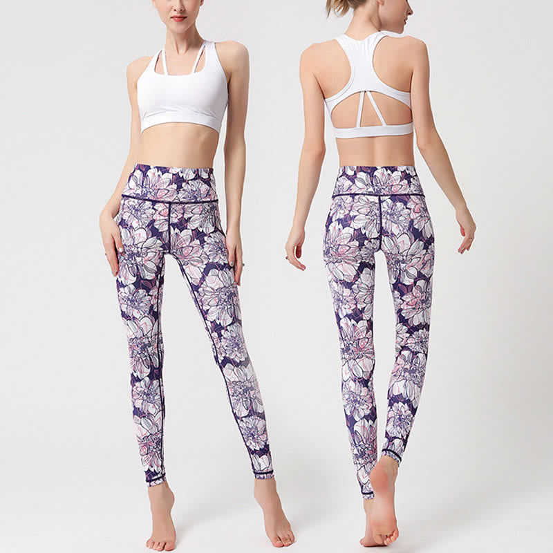 Buddha Stones Kolorowe Płatki Kwiatów Liście Nadruk Sport Ćwiczenia Fitness Wysoki Stan Legginsy Damskie Spodnie Do Jogi - image 7