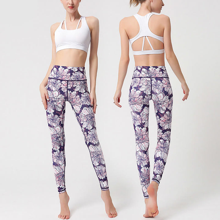 Buddha Stones Kolorowe Płatki Kwiatów Liście Nadruk Sport Ćwiczenia Fitness Wysoki Stan Legginsy Damskie Spodnie Do Jogi - image 7