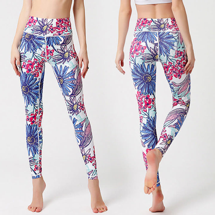 Buddha Stones Kolorowe Płatki Kwiatów Liście Nadruk Sport Ćwiczenia Fitness Wysoki Stan Legginsy Damskie Spodnie Do Jogi - image 11