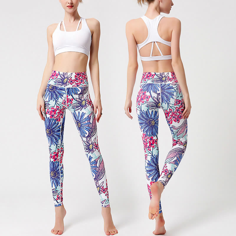 Buddha Stones Kolorowe Płatki Kwiatów Liście Nadruk Sport Ćwiczenia Fitness Wysoki Stan Legginsy Damskie Spodnie Do Jogi - image 8