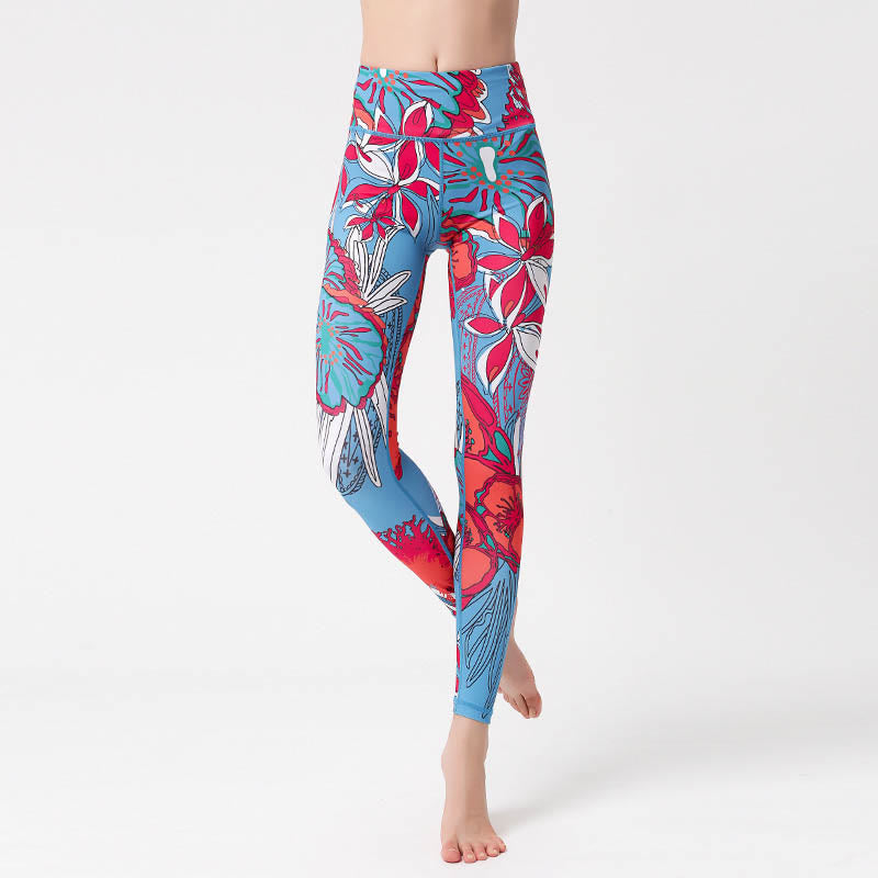 Buddha Stones Kolorowe Płatki Kwiatów Liście Nadruk Sport Ćwiczenia Fitness Wysoki Stan Legginsy Damskie Spodnie Do Jogi - image 14