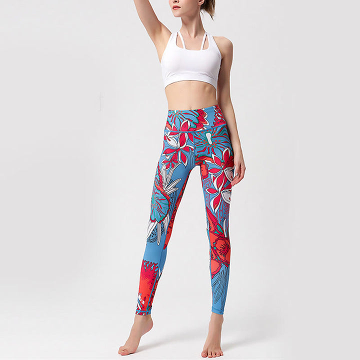 Buddha Stones Kolorowe Płatki Kwiatów Liście Nadruk Sport Ćwiczenia Fitness Wysoki Stan Legginsy Damskie Spodnie Do Jogi - image 18