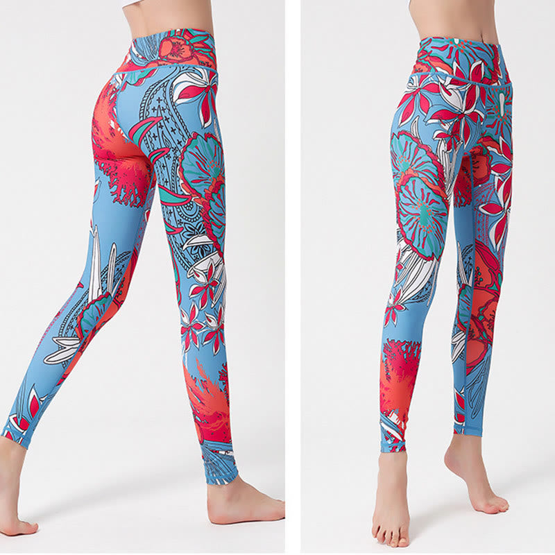 Buddha Stones Kolorowe Płatki Kwiatów Liście Nadruk Sport Ćwiczenia Fitness Wysoki Stan Legginsy Damskie Spodnie Do Jogi - image 17