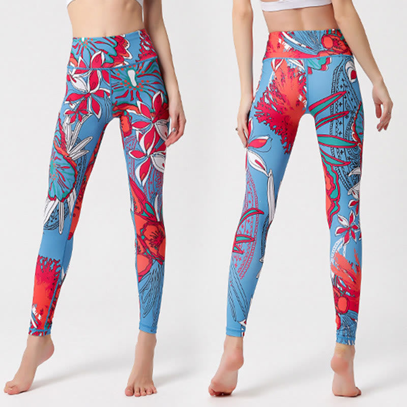 Buddha Stones Kolorowe Płatki Kwiatów Liście Nadruk Sport Ćwiczenia Fitness Wysoki Stan Legginsy Damskie Spodnie Do Jogi - image 16