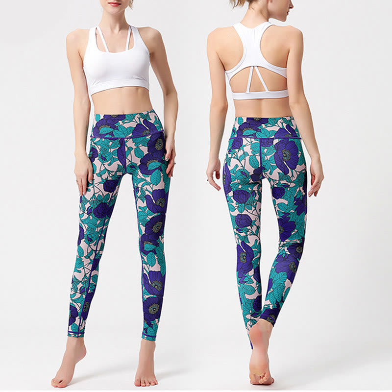 Buddha Stones Kolorowe Płatki Kwiatów Liście Nadruk Sport Ćwiczenia Fitness Wysoki Stan Legginsy Damskie Spodnie Do Jogi - image 27