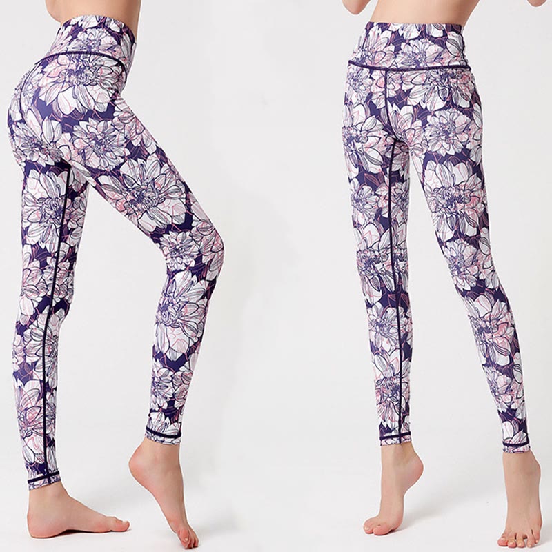 Buddha Stones Kolorowe Płatki Kwiatów Liście Nadruk Sport Ćwiczenia Fitness Wysoki Stan Legginsy Damskie Spodnie Do Jogi - image 5