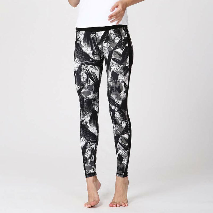 Buddha Stones Białe Czarne Linie Atramentu Pędzel Nadruk Sportowe Legginsy Fitness Siatkowe Damskie Spodnie Do Jogi - Czarne linie pędzla - US8-10, UK/AU12-14, EU40-42 (XL) - image 9