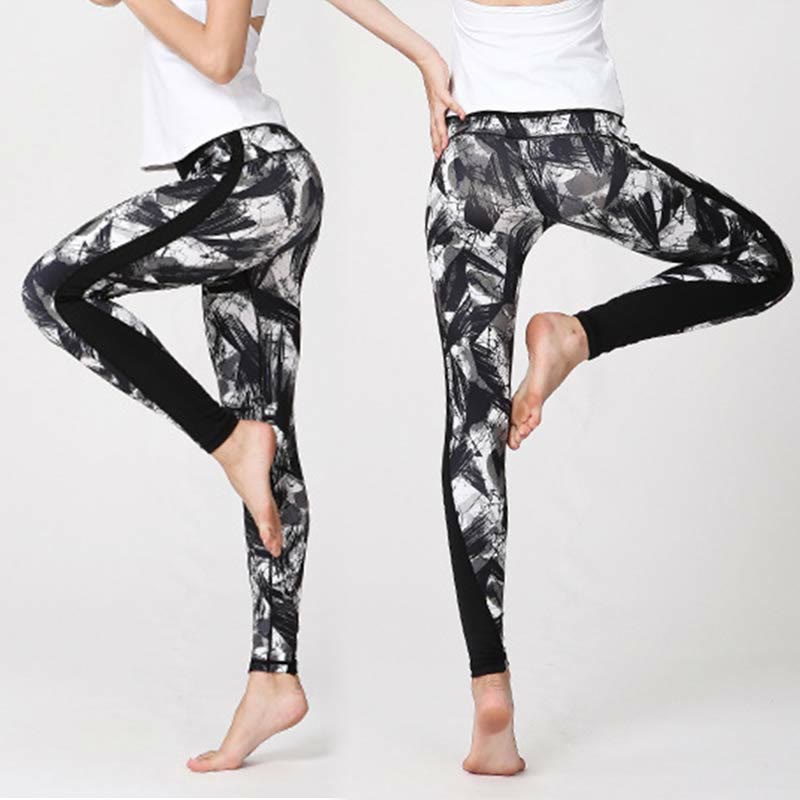 Buddha Stones Białe Czarne Linie Atramentu Pędzel Nadruk Sportowe Legginsy Fitness Siatkowe Damskie Spodnie Do Jogi - image 6