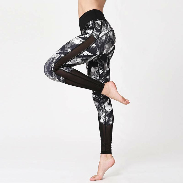 Buddha Stones Białe Czarne Linie Atramentu Pędzel Nadruk Sportowe Legginsy Fitness Siatkowe Damskie Spodnie Do Jogi - image 3