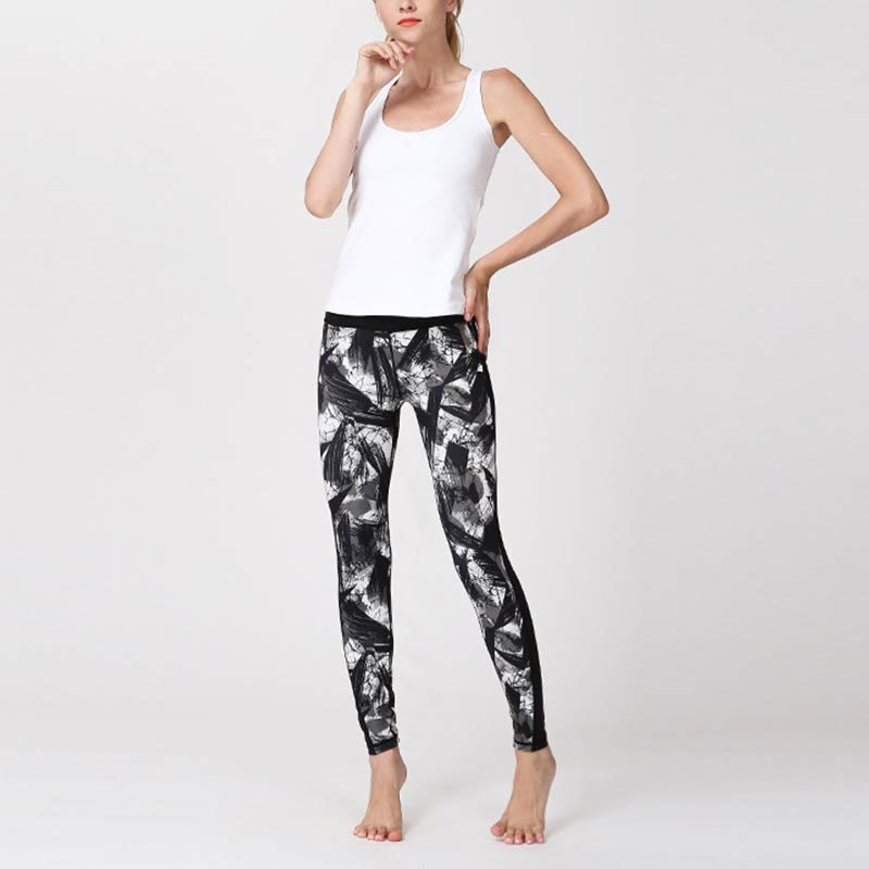 Buddha Stones Białe Czarne Linie Atramentu Pędzel Nadruk Sportowe Legginsy Fitness Siatkowe Damskie Spodnie Do Jogi - image 11