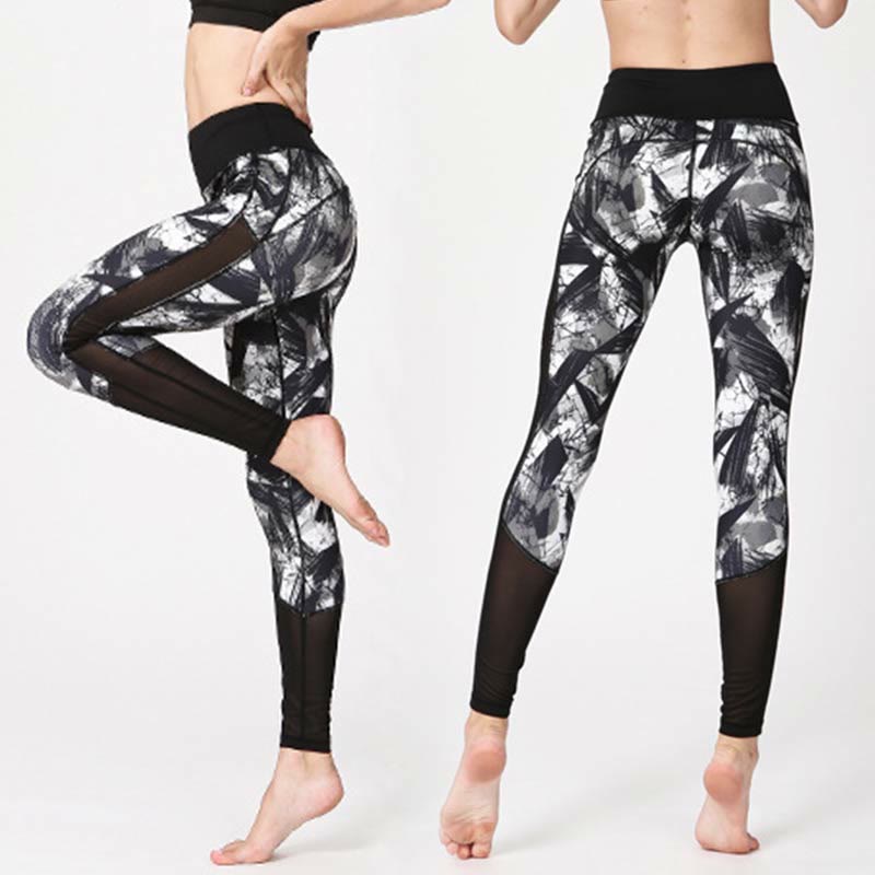 Buddha Stones Białe Czarne Linie Atramentu Pędzel Nadruk Sportowe Legginsy Fitness Siatkowe Damskie Spodnie Do Jogi - image 4