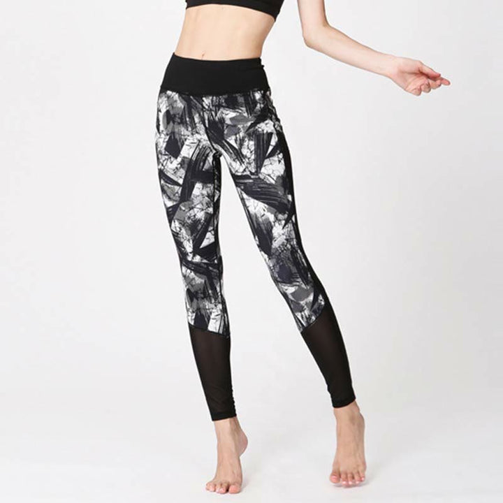 Buddha Stones Białe Czarne Linie Atramentu Pędzel Nadruk Sportowe Legginsy Fitness Siatkowe Damskie Spodnie Do Jogi - image 2