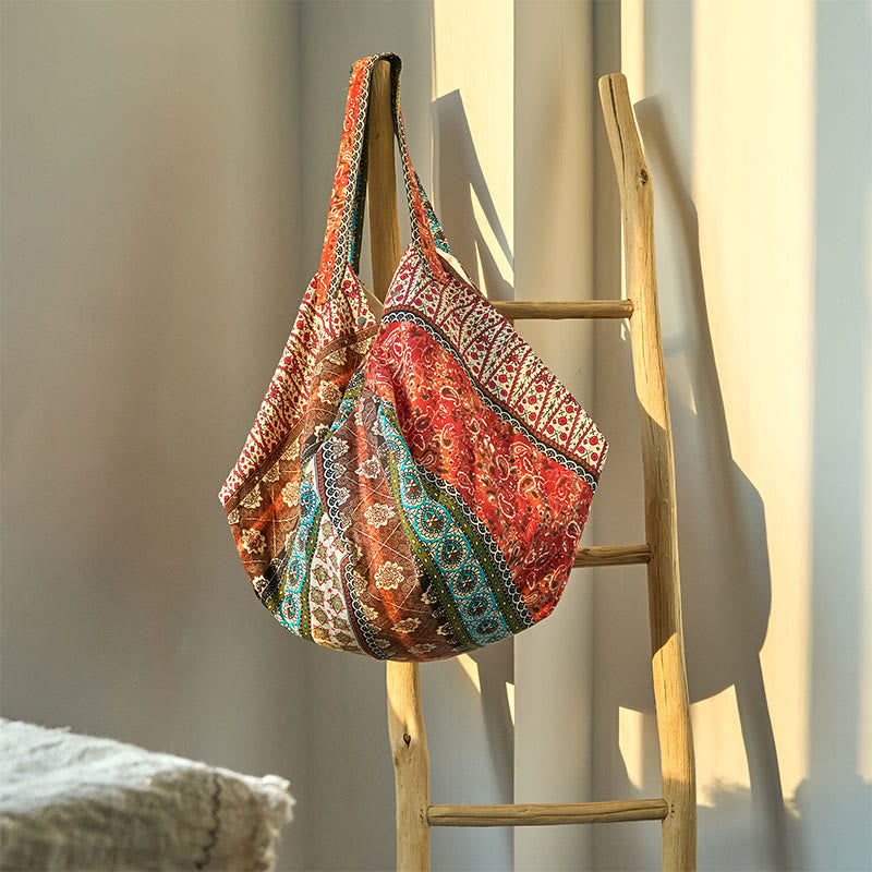 Torba na ramię z bawełny w kolorowe paski z motywem Buddha Stones - Pomarańczowo-brązowy 50*20*40cm - image 3