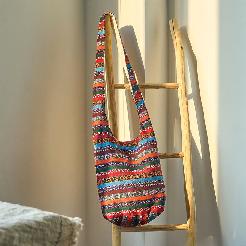 Buddha Stones Kolorowe Geometryczne Paski Wzór Bawełniana Torba Crossbody Torba Na Ramię