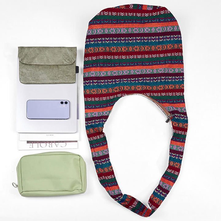 Buddha Stones Kolorowe Geometryczne Paski Wzór Bawełniana Torba Crossbody Torba Na Ramię