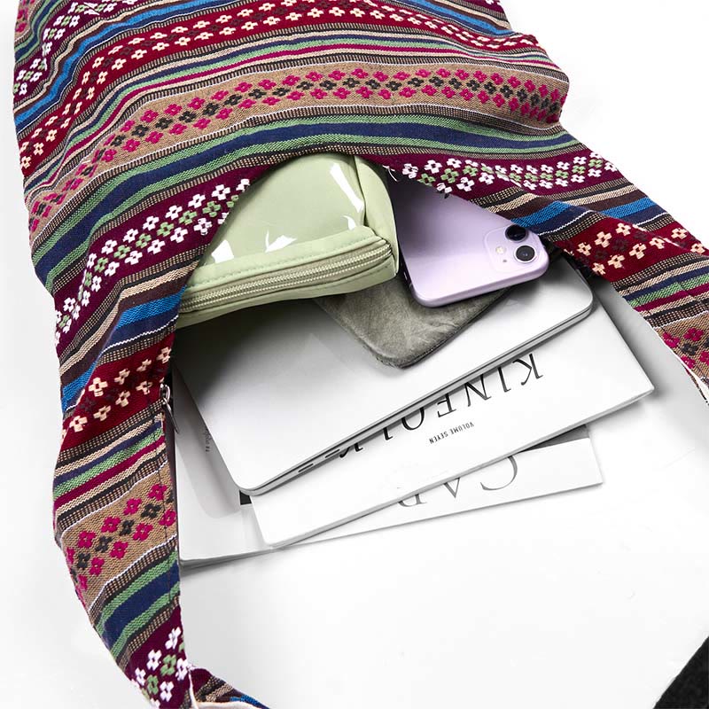 Buddha Stones Kolorowe Geometryczne Paski Wzór Bawełniana Torba Crossbody Torba Na Ramię