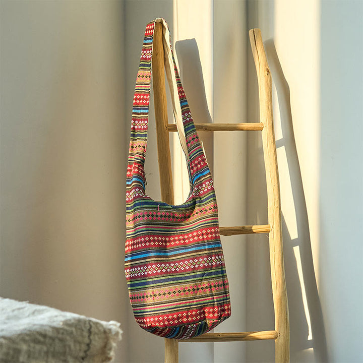 Buddha Stones Kolorowe Geometryczne Paski Wzór Bawełniana Torba Crossbody Torba Na Ramię