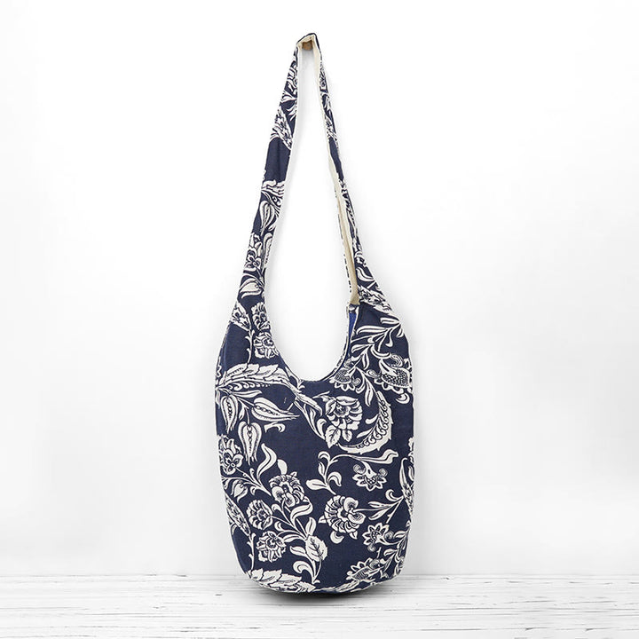 Buddha Stones Granatowo-Biały Kwiatowy Wzór Bawełniana Torba Crossbody Torba Na Ramię