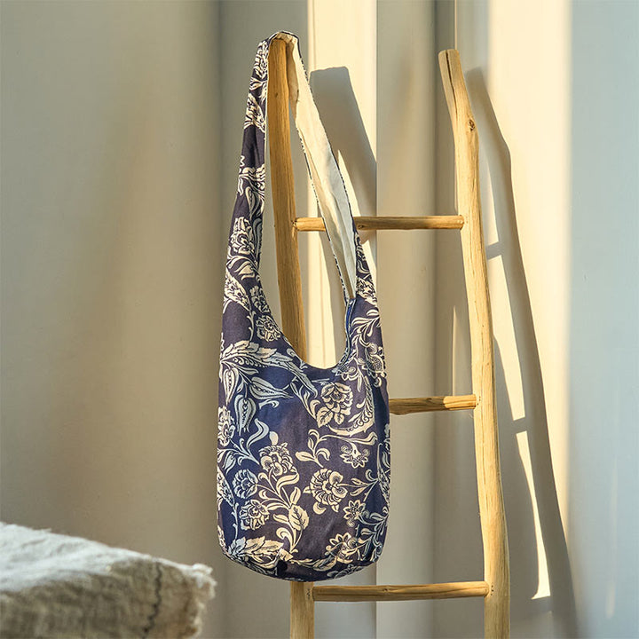 Buddha Stones Granatowo-Biały Kwiatowy Wzór Bawełniana Torba Crossbody Torba Na Ramię