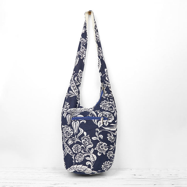Buddha Stones Granatowo-Biały Kwiatowy Wzór Bawełniana Torba Crossbody Torba Na Ramię